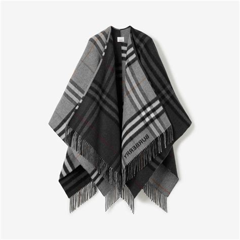 Contrast Check Wool Cashmere Jacquard Cape in Grey/charcoal 